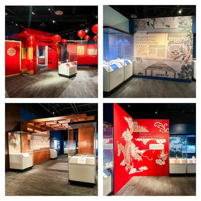 A collage of different rooms in the museum that showcases different wall murals and graphics, display cases, and more.
